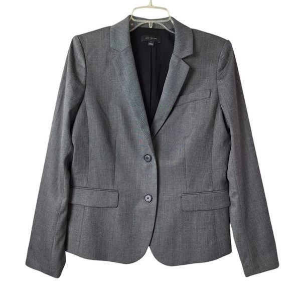 Ann Taylor Sz 8 Sharkskin Iced Slate Gray Two-Button Lined Blazer Jacket Pockets - Picture 3 of 16